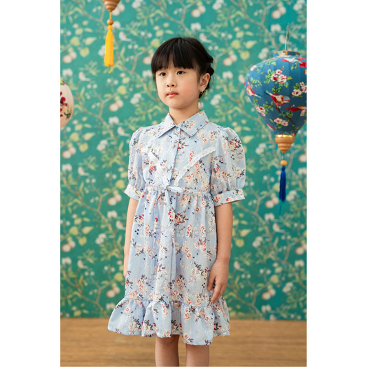 Ayaco Mini Shu Hua Floral Dress (Sky/Blush)